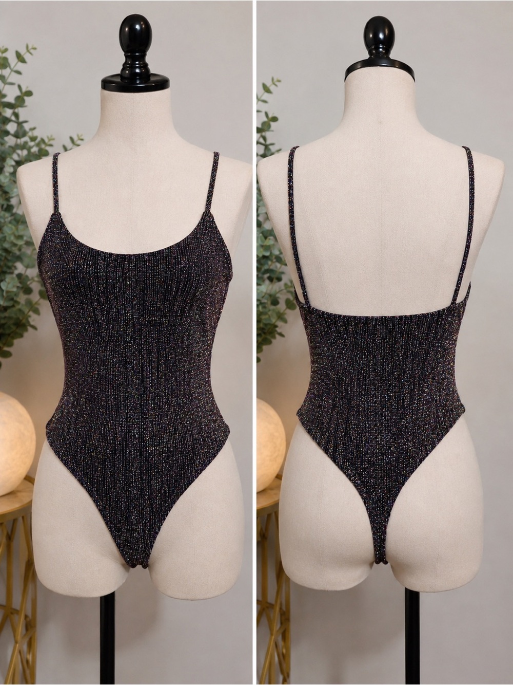 Windsor Black Multicolor Shimmer Ribbed Strappy Bodysuit